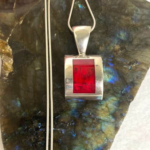 Solid Sterling Silver 925 Sim Red Jasper Pendant Necklace 19.5" Snake Chain - Picture 6 of 16